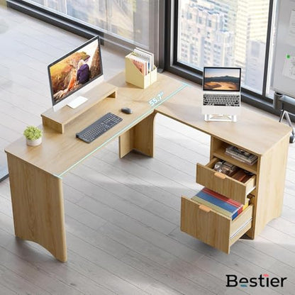 55" L Shaped Desk with Monitor Stand & File Drawer, Natural Oak, view 7