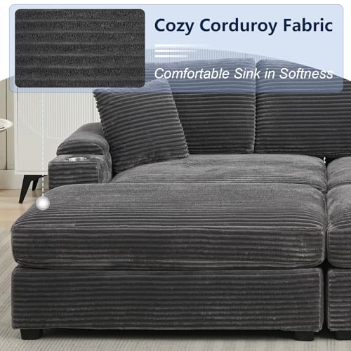86.6" Sectional Sofa Couch with 2 Ottomans, Comfy Corduroy Upholstered Cloud Modular Convertible Couch with Cup Holders and USB, Armrest Storage, Deep Seat Oversized Loveseat for Living Room, Grey