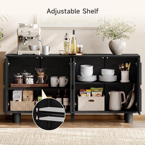 63 Inch Fluted Buffet Cabinet w/ Storage, Push-Spring Doors, Black, view 5