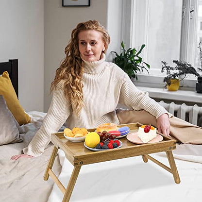 Acacia Bed Table Tray, Wooden Breakfast Tray with Folding Legs, Bed Tray for Eating and Laptop, Eating Trays for Bedroom