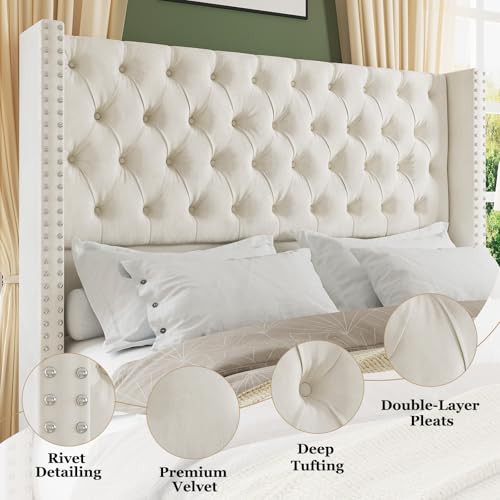 Queen Bed Frame with 51.6" Tall Upholstered Headboard,Cream, view 4