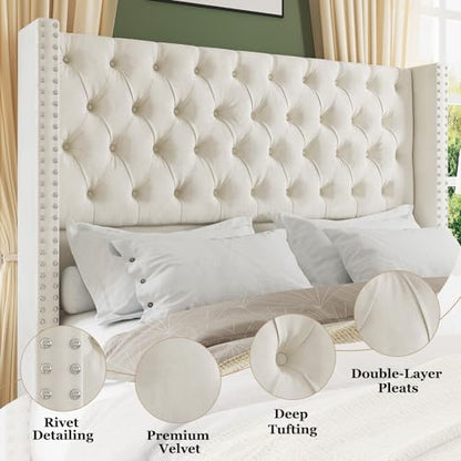 Queen Bed Frame with 51.6" Tall Upholstered Headboard,Cream, view 4