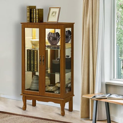 Curio Cabinet Lighted Curio Diapaly Cabinet with Adjustable Shelves and Mirrored Back Panel, Tempered Glass Doors (Oak, 3 Tier), (E26 Light Bulb not Included)