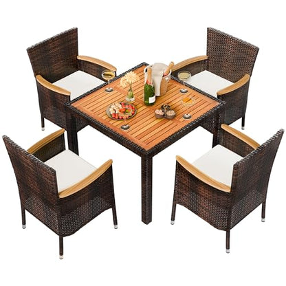 5 PCS Patio Dining Set, Wicker Outdoor Table and Chairs with Soft Cushions, Patio Furniture Set with Wood Table Top for Backyard, Deck and Garden, Brown Rattan