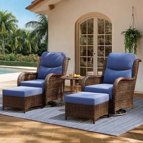 Luxury Outdoor Patio Furniture Set with 6-Inch Thick Cushions, High Back Wicker Swivel Rocker Chairs, 5 Pcs All Weather Chairs Set for Small Porch, Deck and Sunroom, Blue (V3)