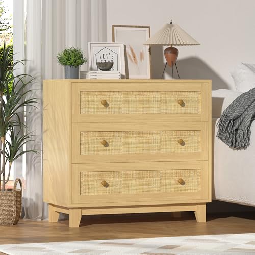3 Drawer Rattan Dresser for Bedroom, Small Boho Nightstand Sets with Wooden Feet, view 2