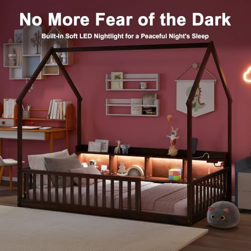 JIVOIT Twin Size House-Shaped Floor Bed with Storage Shelves | Pine Wood Floor Bed, Floor Playhouse Bed Frame, Safety Guardrails, Fence Design, Easy Assemble, No Box Spring Needed