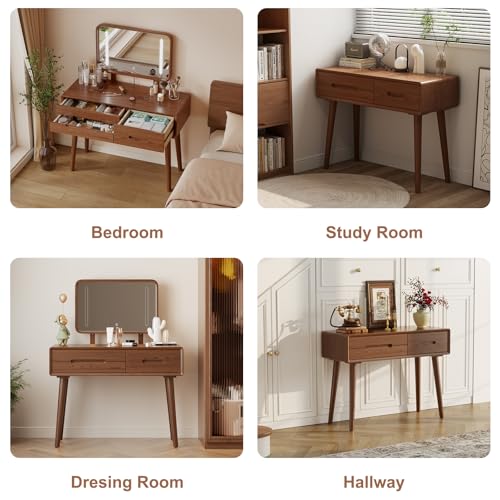 Solid Wood Makeup Vanity Desk with Mirror and Lights, Walnut, view 4