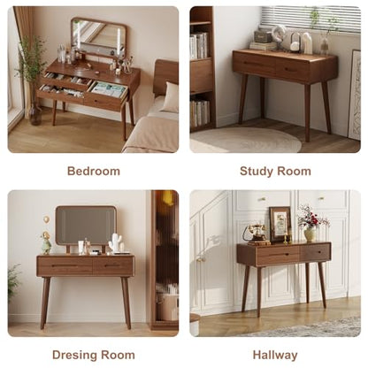 Solid Wood Makeup Vanity Desk with Mirror and Lights, Walnut, view 4
