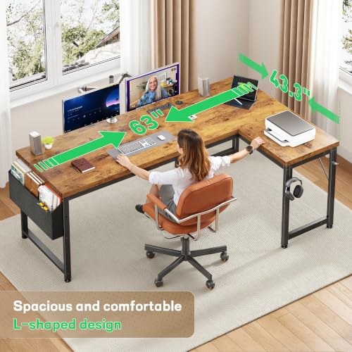63" L Shaped Desk with 0.95" Thick Desktop for Home Office,Brown, view 4