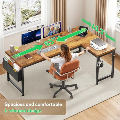 63" L Shaped Desk with 0.95" Thick Desktop for Home Office,Brown, view 4