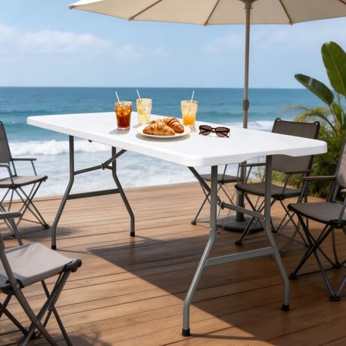 6 FT Folding Table,Outdoor Indoor Plastic Table Portable Square Height Dining Table Perfect for Picnics, Parties, Party and Camping, White