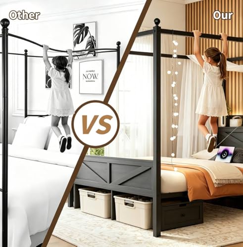 Canopy Bed Frame Queen Size with Storage Headboard, Black, view 8