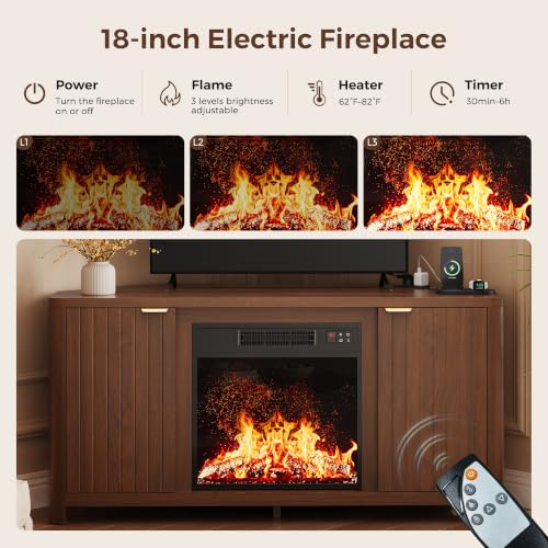 Corner Fireplace TV Stand for 55" TV, Fluted Entertainment Center, Walnut, view 5