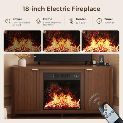 Corner Fireplace TV Stand for 55" TV, Fluted Entertainment Center, Walnut, view 5