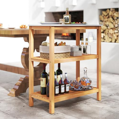 Patio Wooden Sideboard, 3-Tier Acacia Outdoor Kitchen Buffet Organizer w/Marble-Like Countertop & 2 Slatted Shelves, Garden Potting Bench Table & Plant Stand for Backyard, Garden, Deck