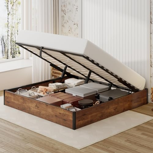 King Size Bed Frame with Lift Up Storage, Rustic Brown, view 2