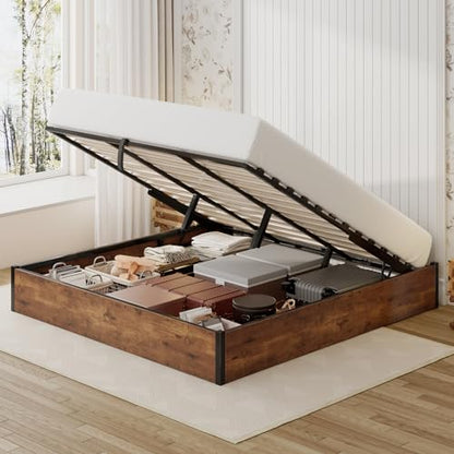 King Size Bed Frame with Lift Up Storage, Rustic Brown, view 2