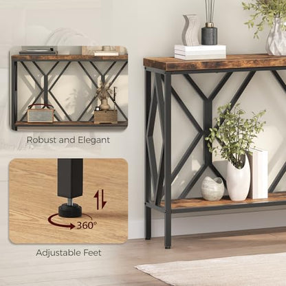70.9'' Extra Long Console Table, Industrial Sofa Table Behind Couch, 2 Tier Narrow Entryway Table with Storage Shelf, for Living Room, Rustic Brown and Black CTHR18301