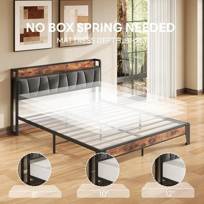 Queen Bed Frame, Storage Headboard with Charging Station, Solid and Stable, view 6