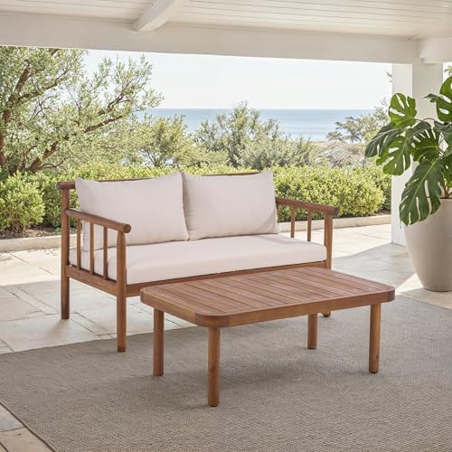 SAFAVIEH Outdoor Patio Furniture Collection - Cardori Teak & Cream Solid Wood Bench with Cushions and Coffee Table Set, 2-Piece Patio Seating Ensemble (PAT6808A)
