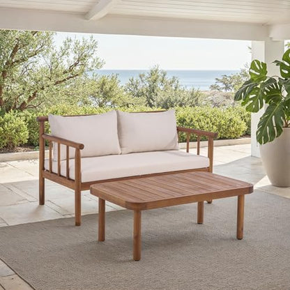 SAFAVIEH Outdoor Patio Furniture Collection - Cardori Teak & Cream Solid Wood Bench with Cushions and Coffee Table Set, 2-Piece Patio Seating Ensemble (PAT6808A)
