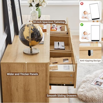 Fluted 9 Drawer Dresser,59"Wide Modern Chest of Drawers with Sturdy Base,Wood Closet Organizers,TV Stand,Storage Dresser with 9 Deep Drawers for Bedroom Living Room Hallway Entryway Nursery(Natural)