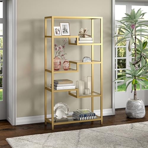68" Tall Rectangular Bookcase in Brass, for Home Office, Living Room | Open glass shelving displays books, plants, and décor in living rooms, offices, or entryways while keeping spaces bright