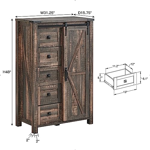 5 Drawers Dresser for Bedroom w/Sliding Barn Door, Farmhouse Modern Tall Dresser 5 Chest of Drawers, Storage Organizer for Bedroom, Hallway, Living Room, Kids Room, Dark Rustic Oak