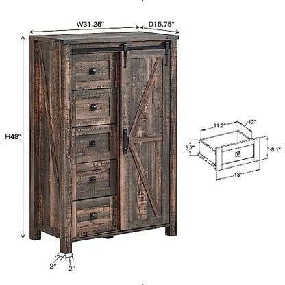 5 Drawers Dresser for Bedroom w/Sliding Barn Door, Farmhouse Modern Tall Dresser 5 Chest of Drawers, Storage Organizer for Bedroom, Hallway, Living Room, Kids Room, Dark Rustic Oak
