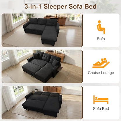 82" L Shaped Sleeper Sofa Bed, Pull Out Sectional Couch with Storage Chaise/Reclining Backrest, Sectional Couches for Living Room with USB Port, Foldable Table, Cup Holder, Side Pocket, Black