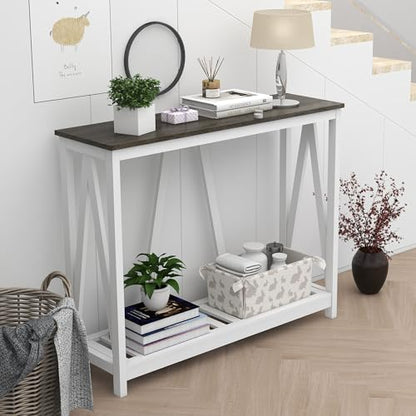 Farmhouse Console Table with Shelf, 39.3" Narrow Entryway Table, Dark Oak | Farmhouse Style Grey Oak Top White V‑Shape Frame Slat Shelf Storage 39.3" Narrow Anti‑Tip Legs sofa table