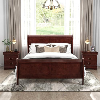 Louis Philippe Traditional Solid Wood 3 Piece Bedroom Set, Queen Bed Frame and Nightstands Set of 2, Sleigh Design Bedframe with Headboard and Footboard, Box Spring Needed, Cherry