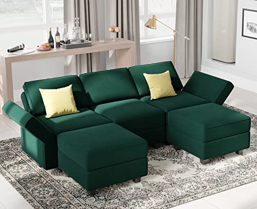 Modular Sectional Sofa with Double Chaise Velvet U Shaped Sofa Reversible Sectional Couch with Storage Green