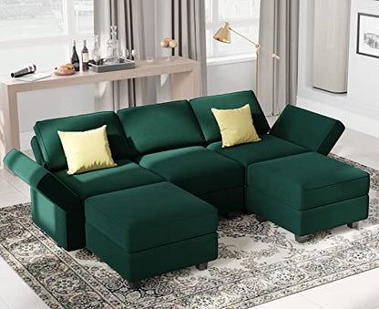 Modular Sectional Sofa with Double Chaise Velvet U Shaped Sofa Reversible Sectional Couch with Storage Green