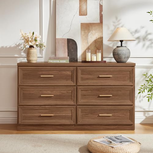 55.1" Wide Farmhouse 6 Drawers Dresser for Bedroom, Light Walnut, view 7
