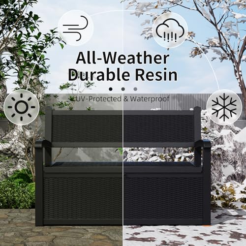 80 Gallon Outdoor Storage Bench, Lockable All-Weather Resin Seating with Hidden Storage Deck Box, Waterproof Patio Furniture for Pool Garden (Black)