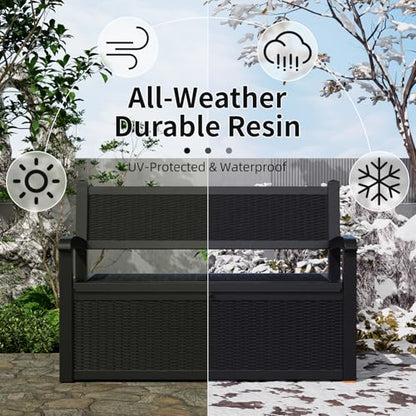 80 Gallon Outdoor Storage Bench, Lockable All-Weather Resin Seating with Hidden Storage Deck Box, Waterproof Patio Furniture for Pool Garden (Black)