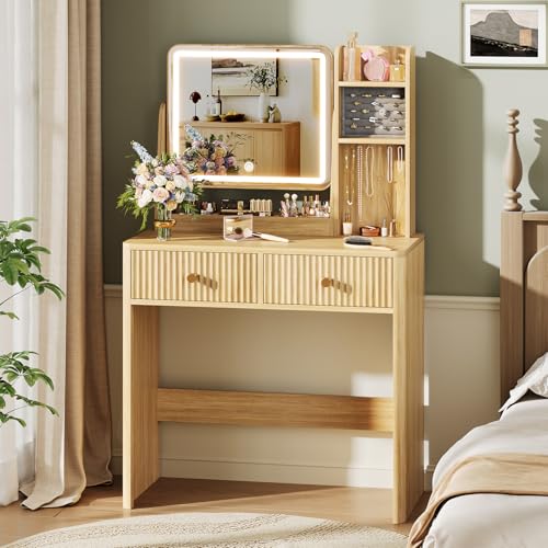 Fluted Makeup Vanity Desk with Mirror and Lights, view 2