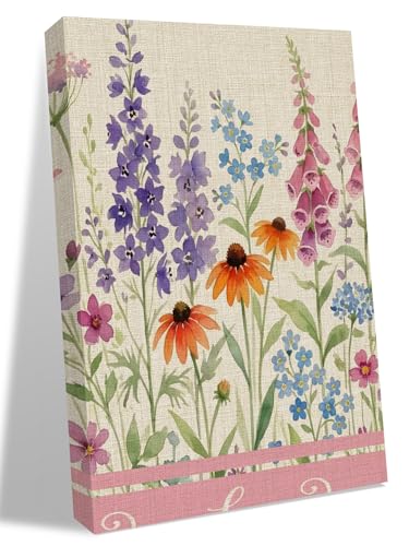NuYeBiofx Summer Wildflower Retro Linen Canvas Wall Art Prints,48"x32" Framed Picture Artwork Colorful Floral Green Leaf Printed Canvas Oil Painting for Living Room Bedroom Office,Ready to Hang