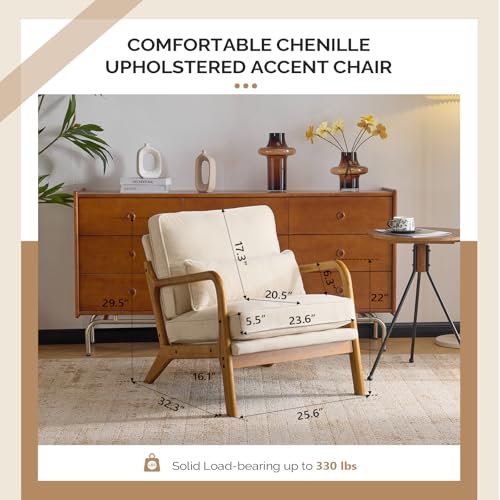 Chenille Mid-Century Modern Accent Chair Set of 2, Cute Reading Arm Chair with Cushion & Lumbar Pillow & Solid Wood Frame for Lounge, Living Room, Reading Room, Bedroom,Cream