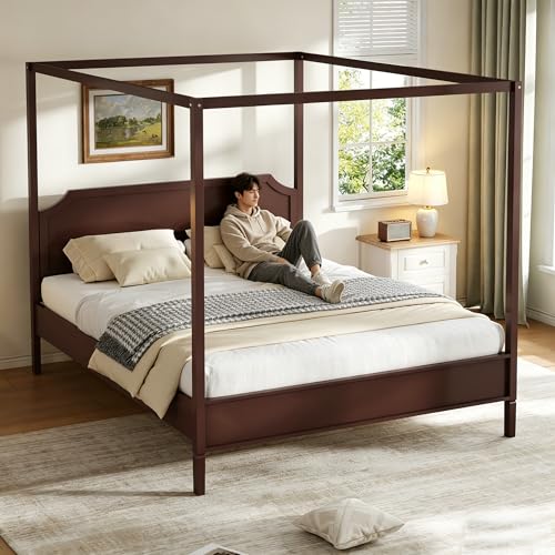 Modern Wooden Canopy Bed Frame with Headboard, view 2