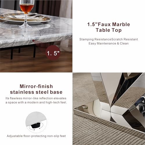 Marble Dining Table for 6 People, 70'' Rectangle Faux Marble Dining Table with Mirrored Stainless Steel Base, Large Size Marble Kitchen Table (Silver,Grey)(ONLY Table)