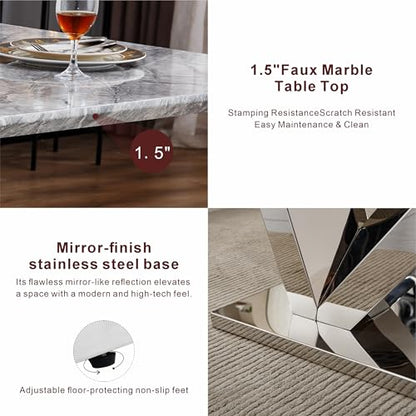 Marble Dining Table for 6 People, 70'' Rectangle Faux Marble Dining Table with Mirrored Stainless Steel Base, Large Size Marble Kitchen Table (Silver,Grey)(ONLY Table)