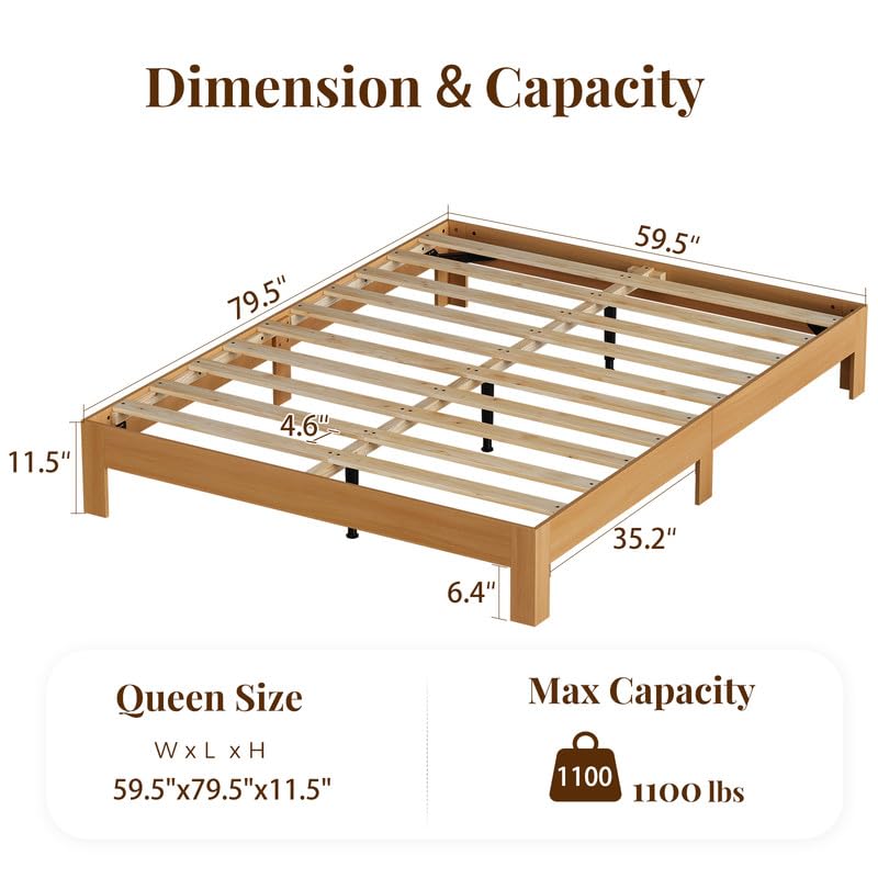 Queen Bed Frame, 11.5 Inch Solid Wood Platform Bed, Natural Pine, view 2