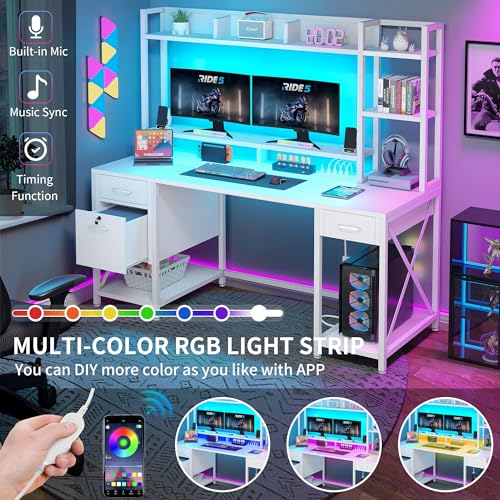 59.1" Computer Desk with Drawers & Hutch, Power & LED, White, view 4