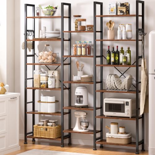 Triple Column Rustic Bookshelf with Hooks and Shelves, view 6