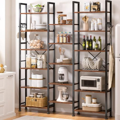 Triple Column Rustic Bookshelf with Hooks and Shelves, view 6