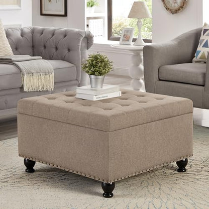 Oversized Square Ottoman Storage Bench for Living Room Bedroom Large Ottoman Coffee Table with Rubber Wood Legs, Linen Fabric Upholstered Foot Stool Foot Rest for Couch Sofa, Light Brown