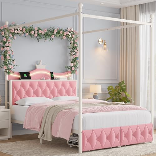 Queen Size Upholstered LED Canopy Bed Frame with Charging Station and Drawer, view 4